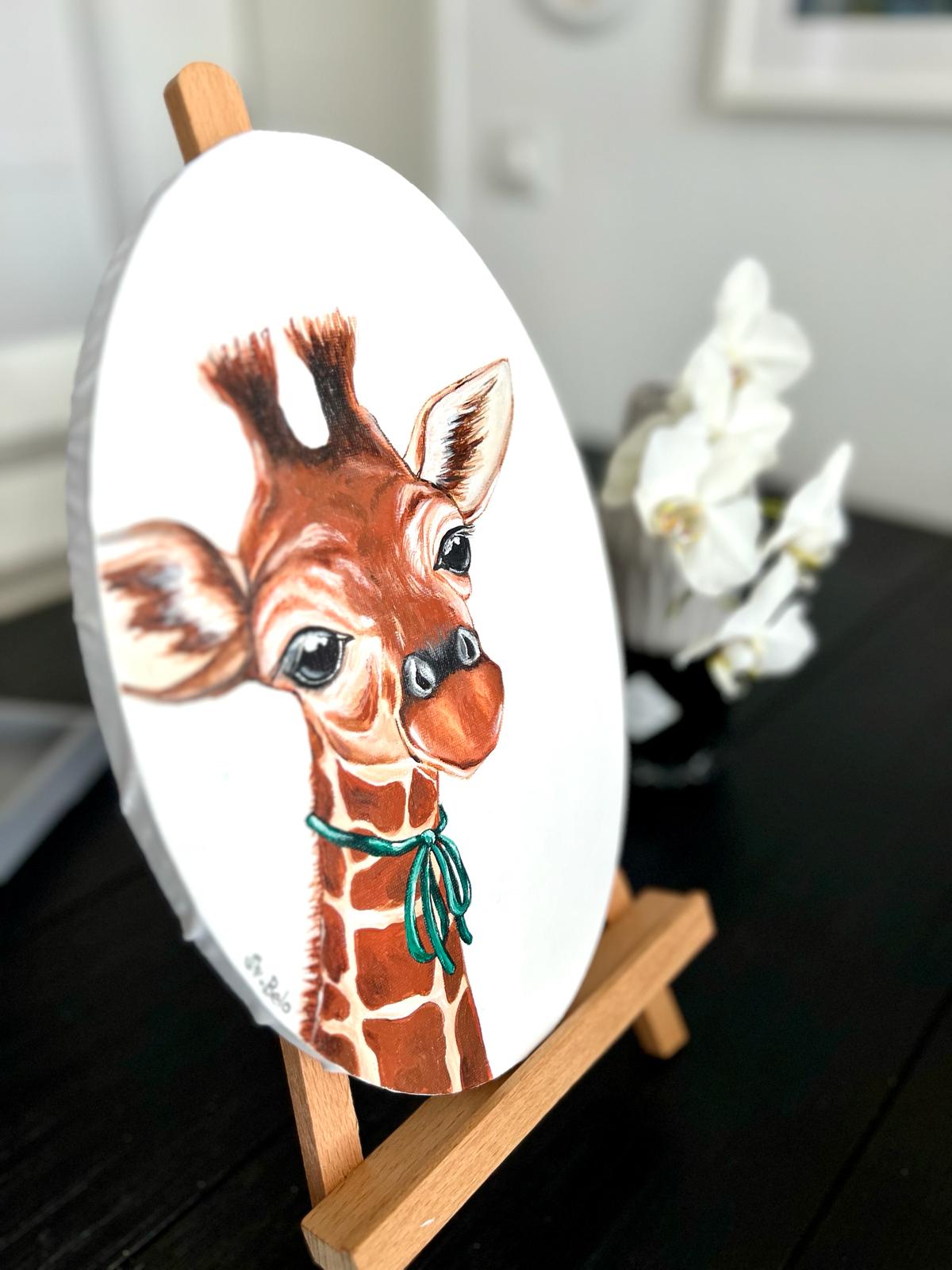 Giraffe Girl. Acrylic painting on canvas, oval, 20*30 cm. Gift idea, wall decoration, country house decor. Rustic style. Birthday gift.