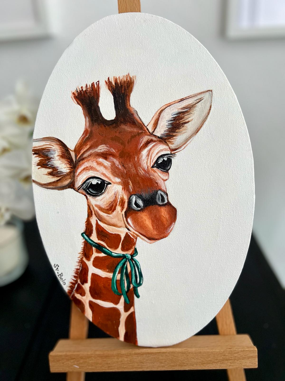 Giraffe Girl. Acrylic painting on canvas, oval, 20*30 cm. Gift idea, wall decoration, country house decor. Rustic style. Birthday gift.