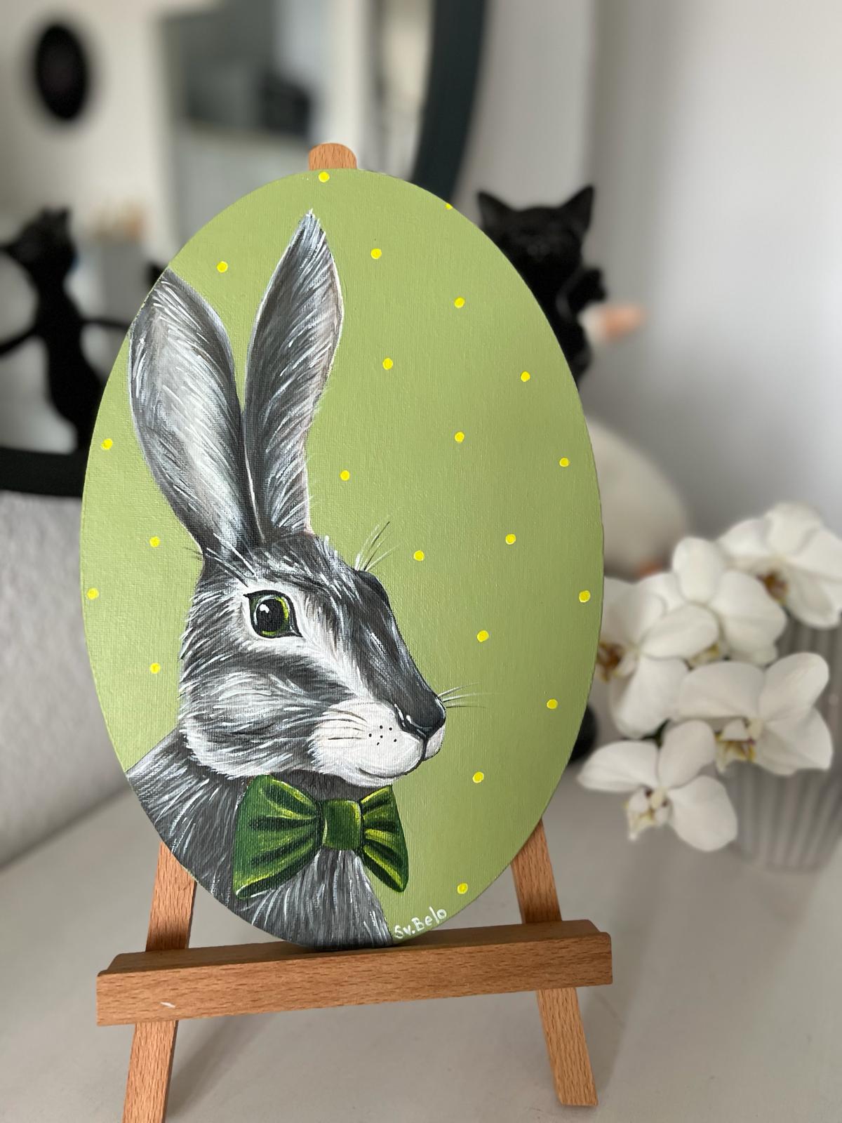 Gray hare with dark green bow tie. Acrylic painting on canvas, oval, 20*30 cm. Gift idea, wall decoration, country house decor.