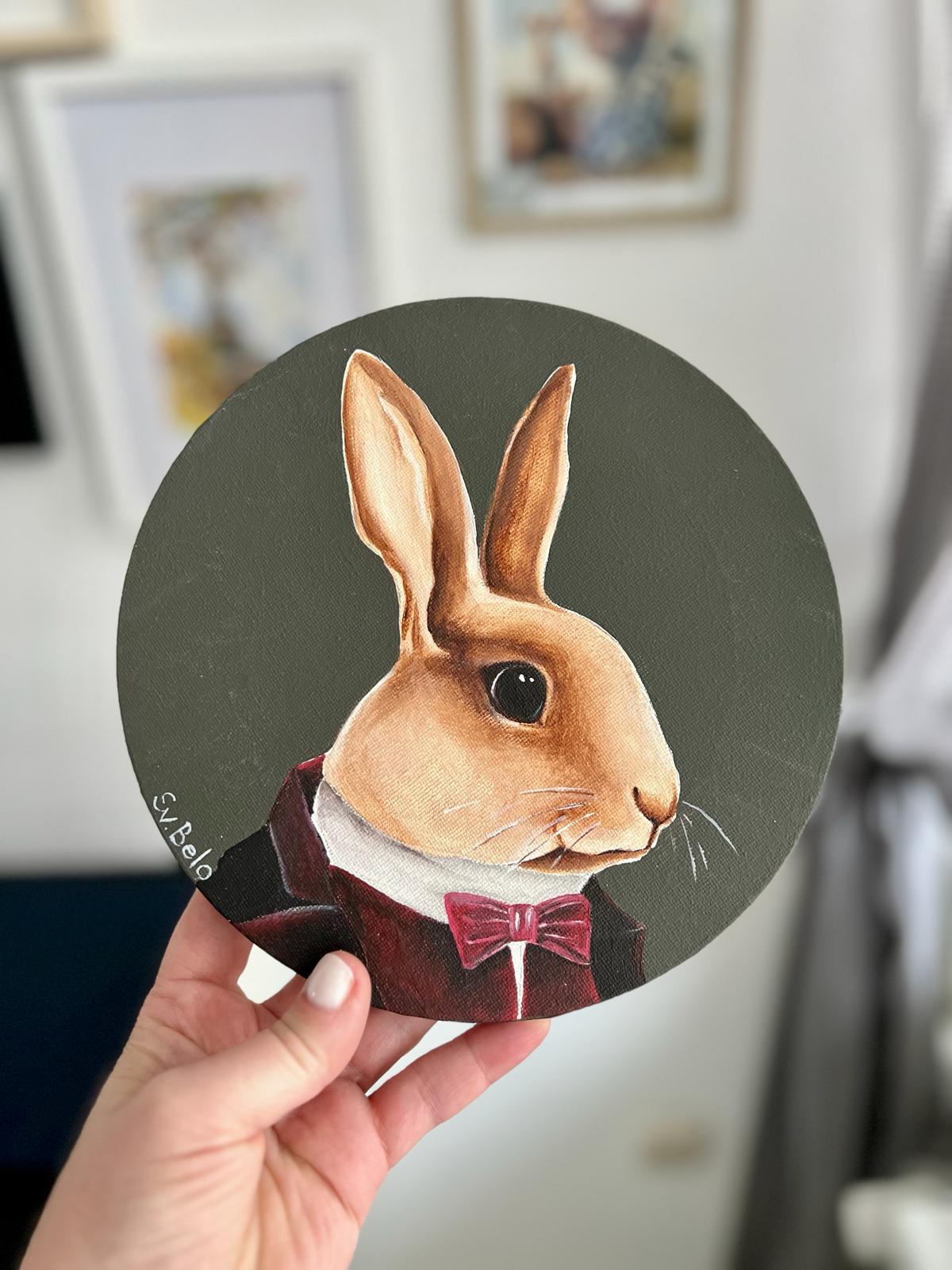 Mr. Rabbit. Acrylic painting on canvas, round, 20*20 cm, gift idea, wall decoration, country house decor.