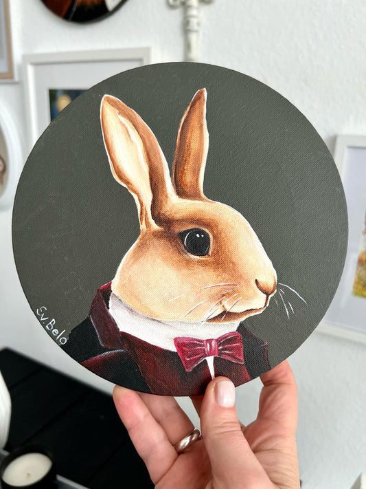 Mr. Rabbit. Acrylic painting on canvas, round, 20*20 cm, gift idea, wall decoration, country house decor.