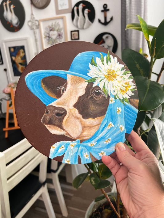 "Whimsical Cow in Blue Hat" Acrylic Naïve Folk Art, Round Canvas, 20 cm