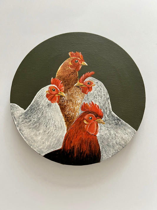 Chicken love. Family, chickens. Acrylic painting on canvas, round 20cm, gift idea, wall decoration, country house decor.