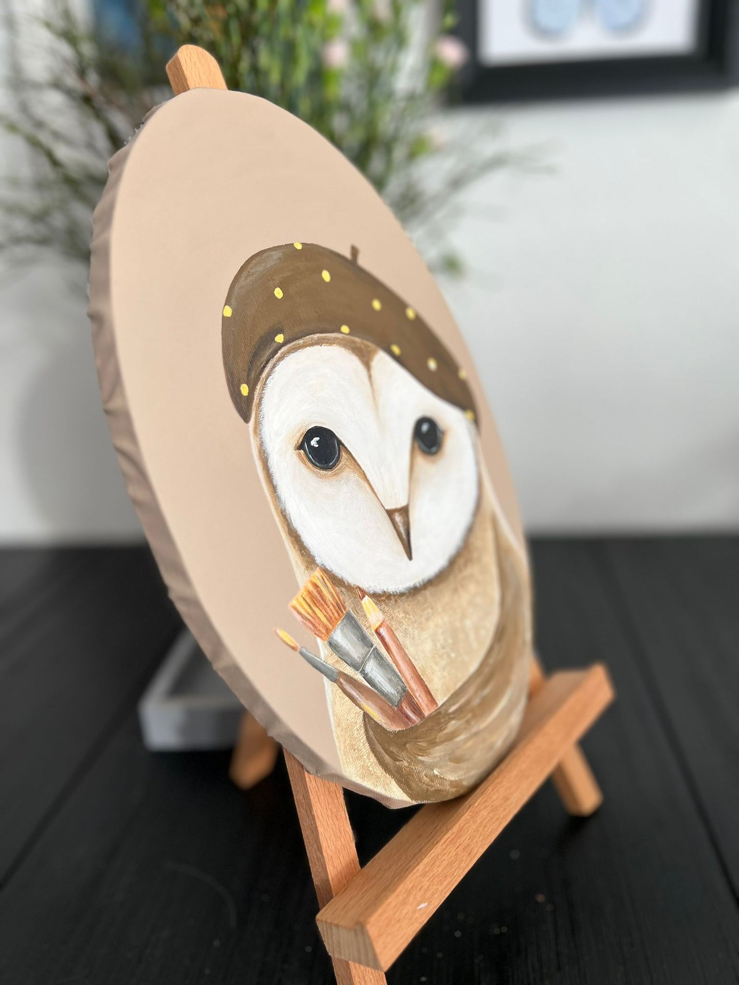 Young Artist Owl. Acrylic painting on canvas, oval, 20*30 cm. Gift idea, wall decoration, country house decor.