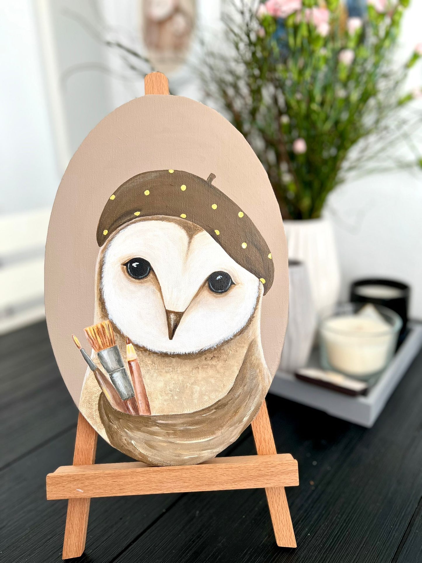 Young Artist Owl. Acrylic painting on canvas, oval, 20*30 cm. Gift idea, wall decoration, country house decor.