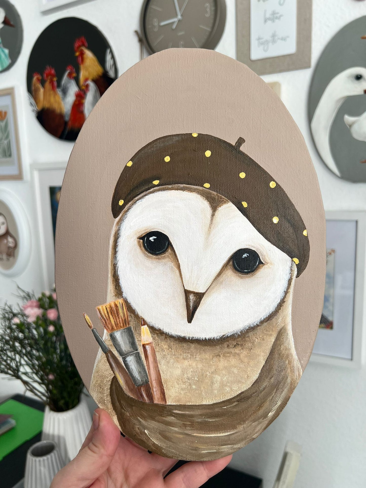 Young Artist Owl. Acrylic painting on canvas, oval, 20*30 cm. Gift idea, wall decoration, country house decor.