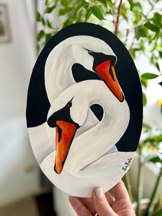 Love and fidelity. Swan couple. Acrylic painting on canvas, oval, 20*30 cm, wedding anniversary gift idea, wall decoration, country house decor.