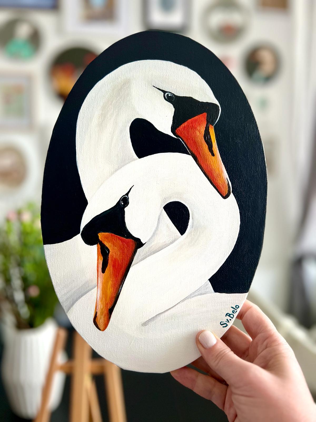 Love and fidelity. Swan couple. Acrylic painting on canvas, oval, 20*30 cm, wedding anniversary gift idea, wall decoration, country house decor.