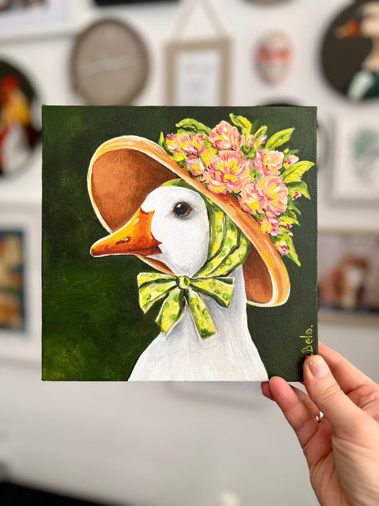 Madame goose with a hat of flowers Acrylic painting on canvas square 20x20 cm