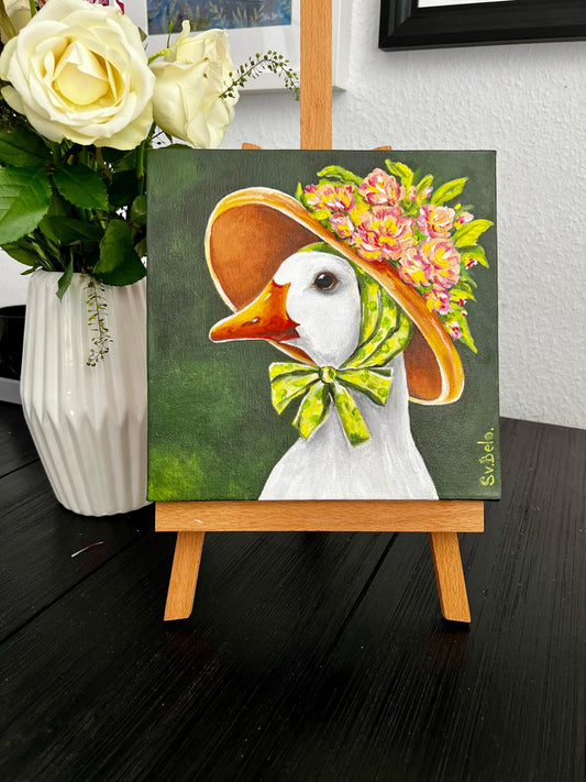 Madame goose with a hat of flowers Acrylic painting on canvas square 20x20 cm