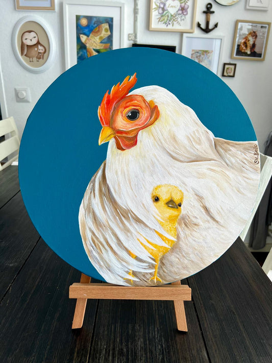 "Mommy hen with her baby. Acrylic Paintings canvas warmth kindness tenderness maternal love country style country house