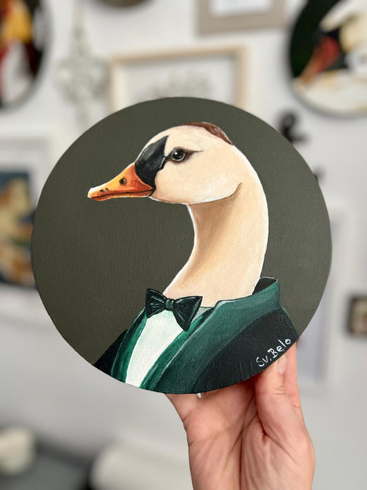 Mr. Goose in a tuxedo with a bow tie. Round painting 20 cm Naive art Acrylic canvas Gift Idea Home decoration Wall Gallery Country House