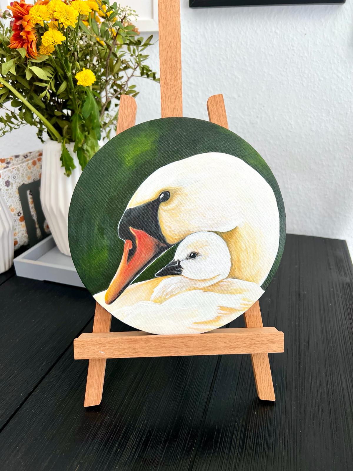 "Loving mother swan with her cub. Acrylic canvas painting 20 cm. Gift for mom. Warmth kindness tenderness maternal love country style country home