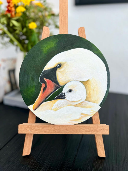 "Loving mother swan with her cub. Acrylic canvas painting 20 cm. Gift for mom. Warmth kindness tenderness maternal love country style country home