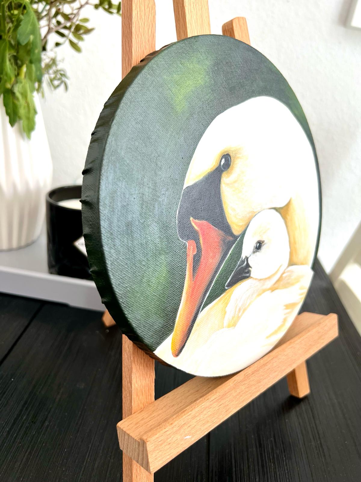 "Loving mother swan with her cub. Acrylic canvas painting 20 cm. Gift for mom. Warmth kindness tenderness maternal love country style country home