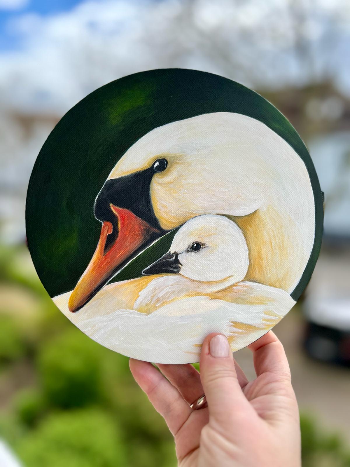 "Loving mother swan with her cub. Acrylic canvas painting 20 cm. Gift for mom. Warmth kindness tenderness maternal love country style country home