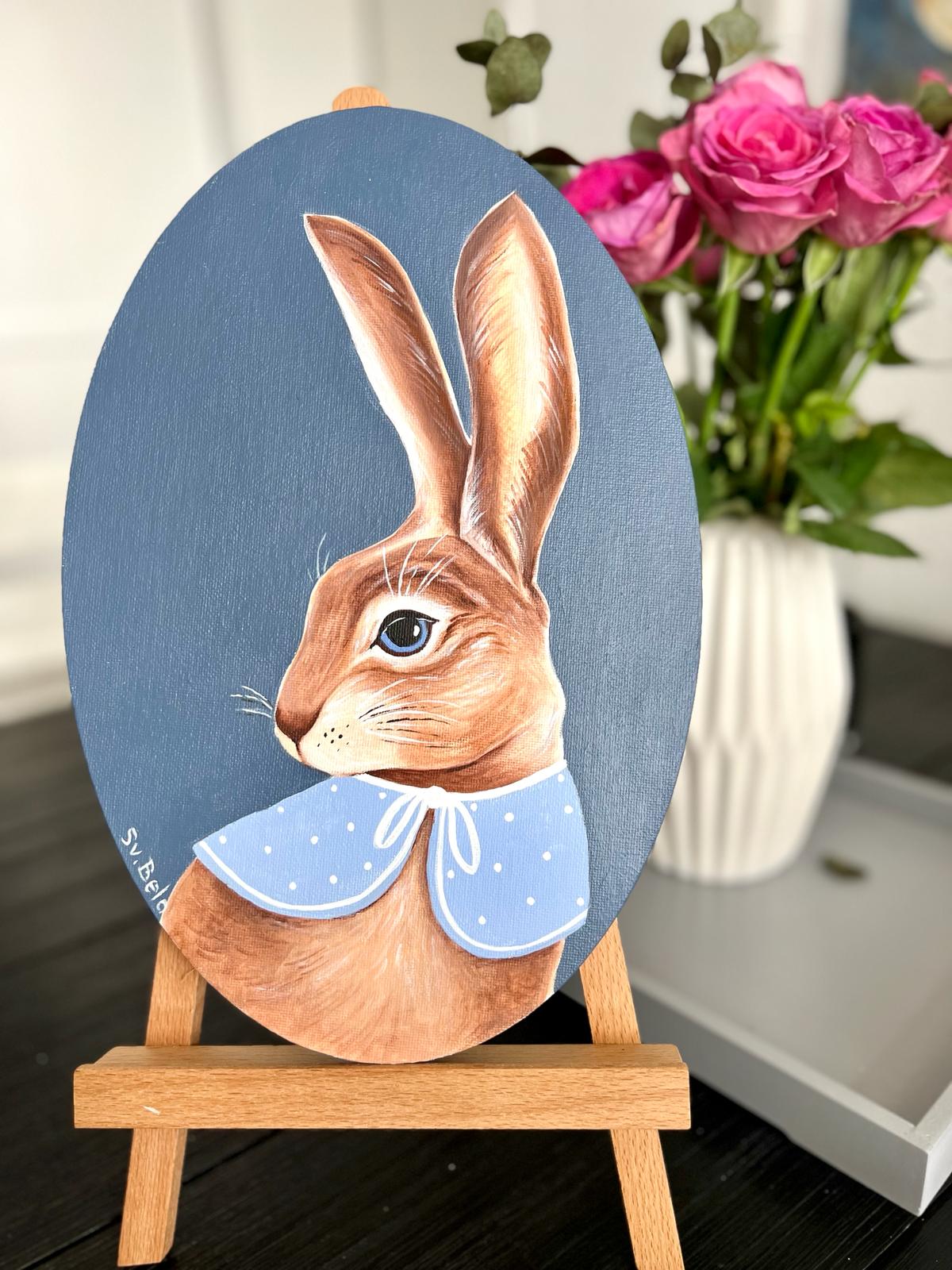 Easter Bunny. Brown rabbit on dark blue background with blue collar. Acrylic painting on canvas, oval, 20*30 cm, gift idea, wall decoration, country house decor.