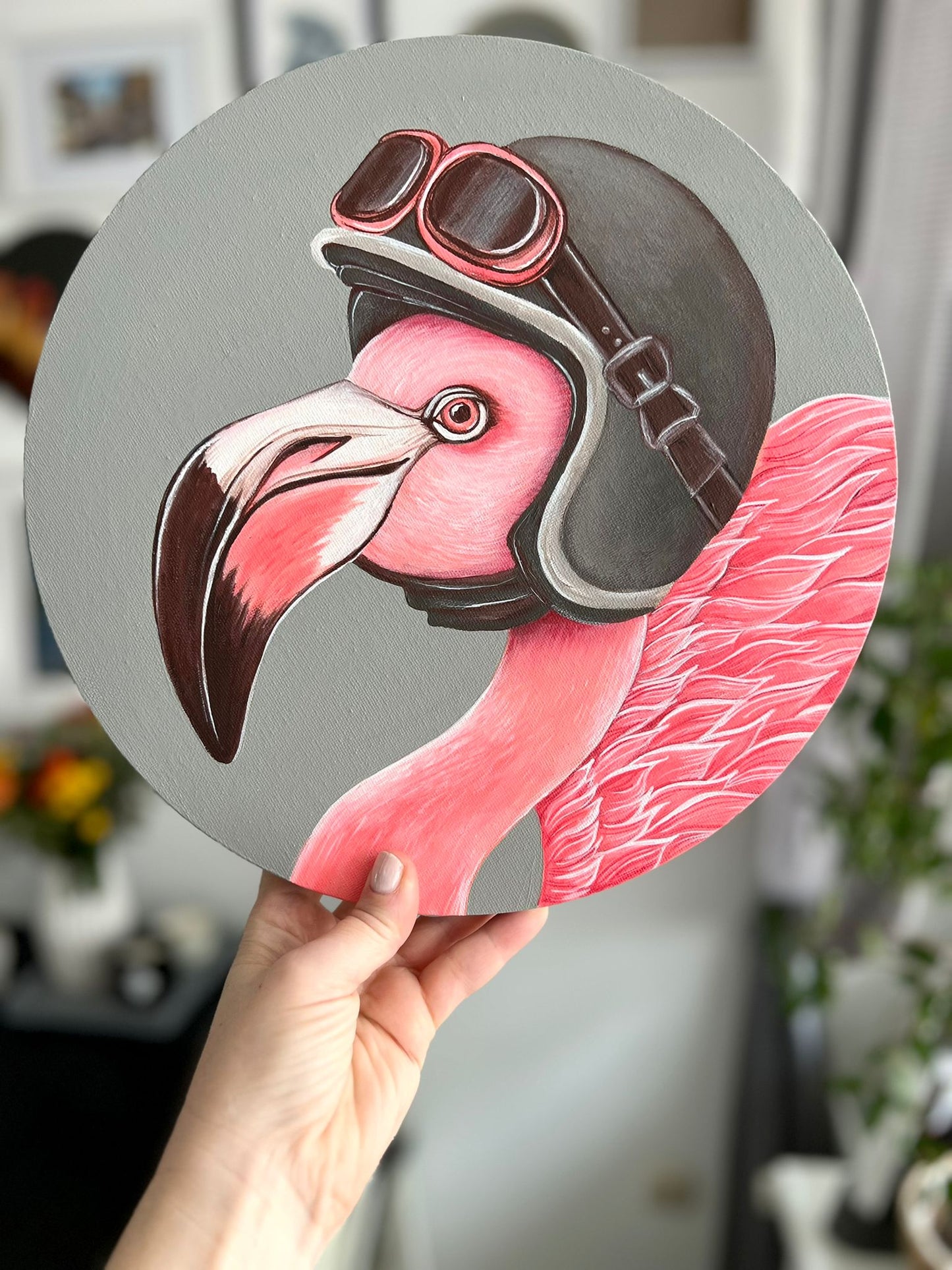 Pink flamingo with motorcycle helmet. Acrylic painting on canvas, round, 30 cm, gift idea, wall decoration, country house decor.