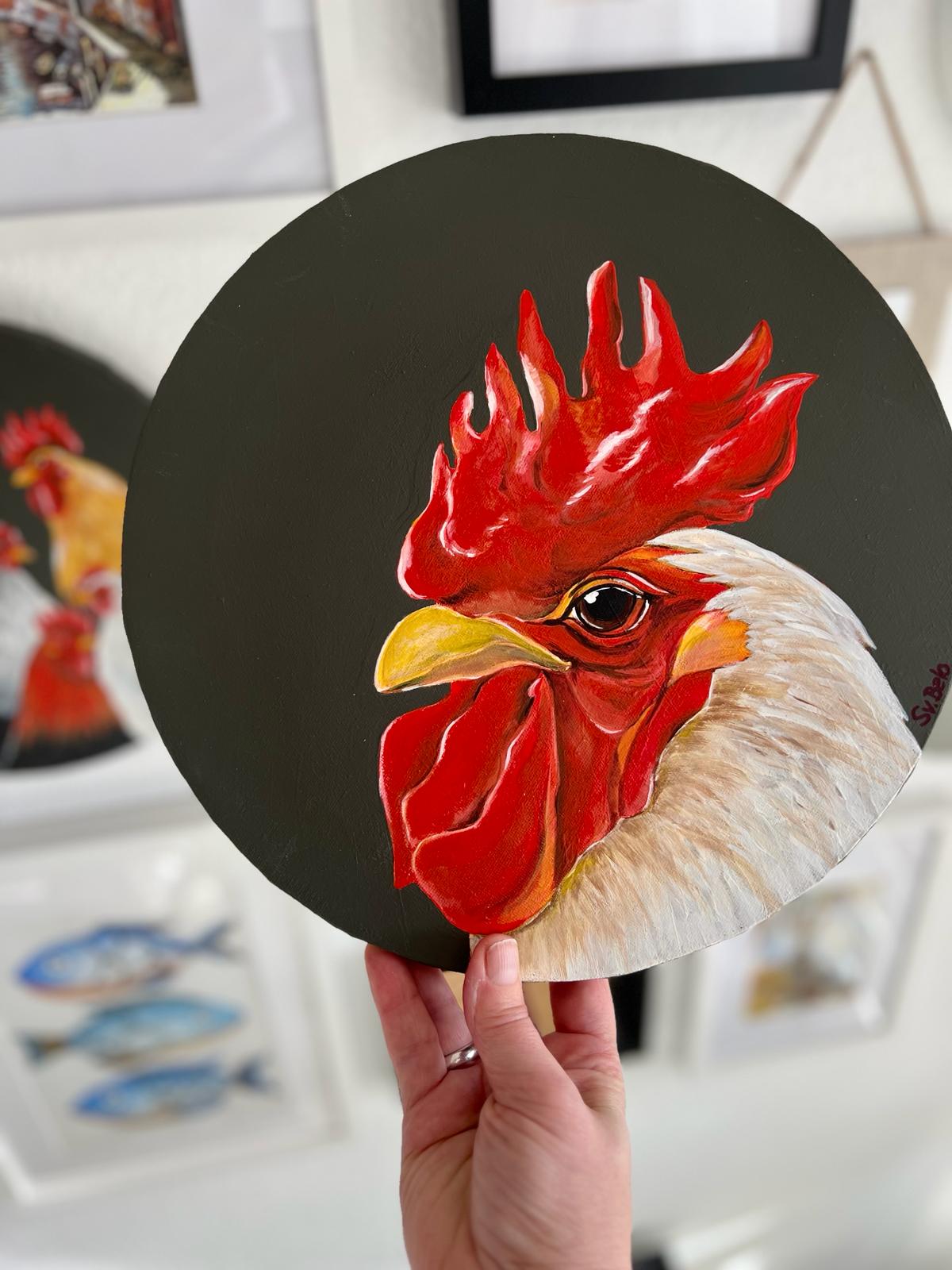 Proud rooster. Acrylic painting on canvas, round 30 cm, gift idea, wall decoration, country house decor.