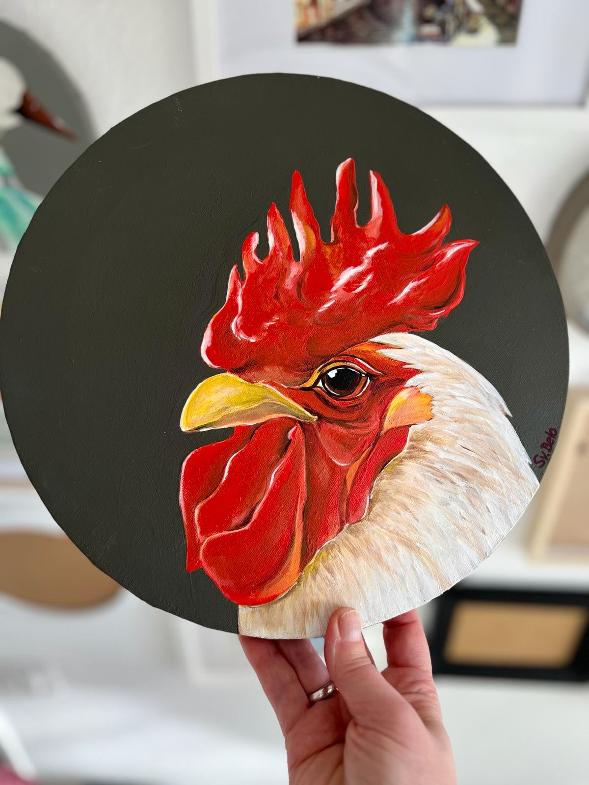 Proud rooster. Acrylic painting on canvas, round 30 cm, gift idea, wall decoration, country house decor.