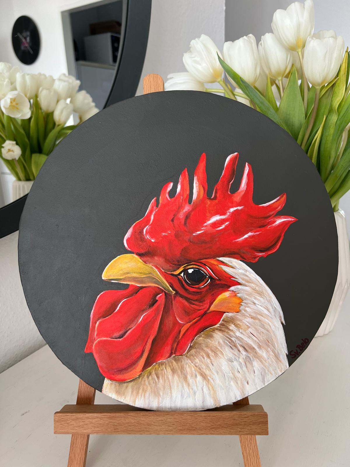 Proud rooster. Acrylic painting on canvas, round 30 cm, gift idea, wall decoration, country house decor.