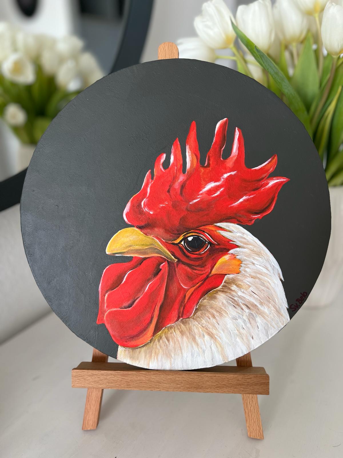 Proud rooster. Acrylic painting on canvas, round 30 cm, gift idea, wall decoration, country house decor.