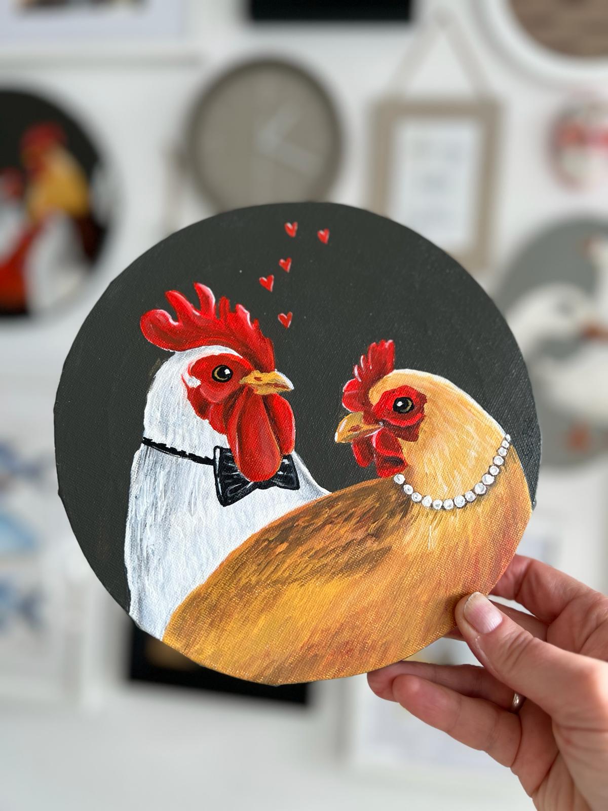 Why am I so in love? Couple, hens, hen and cock, acrylic painting on canvas, round, 20cm, gift idea, wall decoration, country house decor.