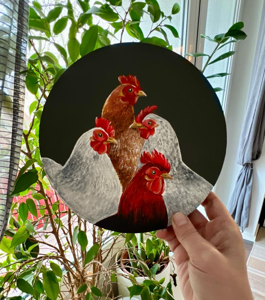 Chicken love. Family, chickens. Acrylic painting on canvas, round 20cm, gift idea, wall decoration, country house decor.