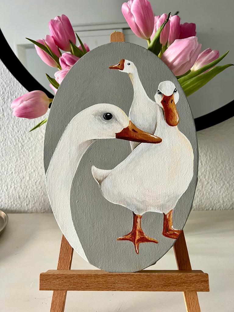 Three cheerful geese. Acrylic painting on canvas, oval, 20*30 cm, gift idea, wall decoration, home decor.