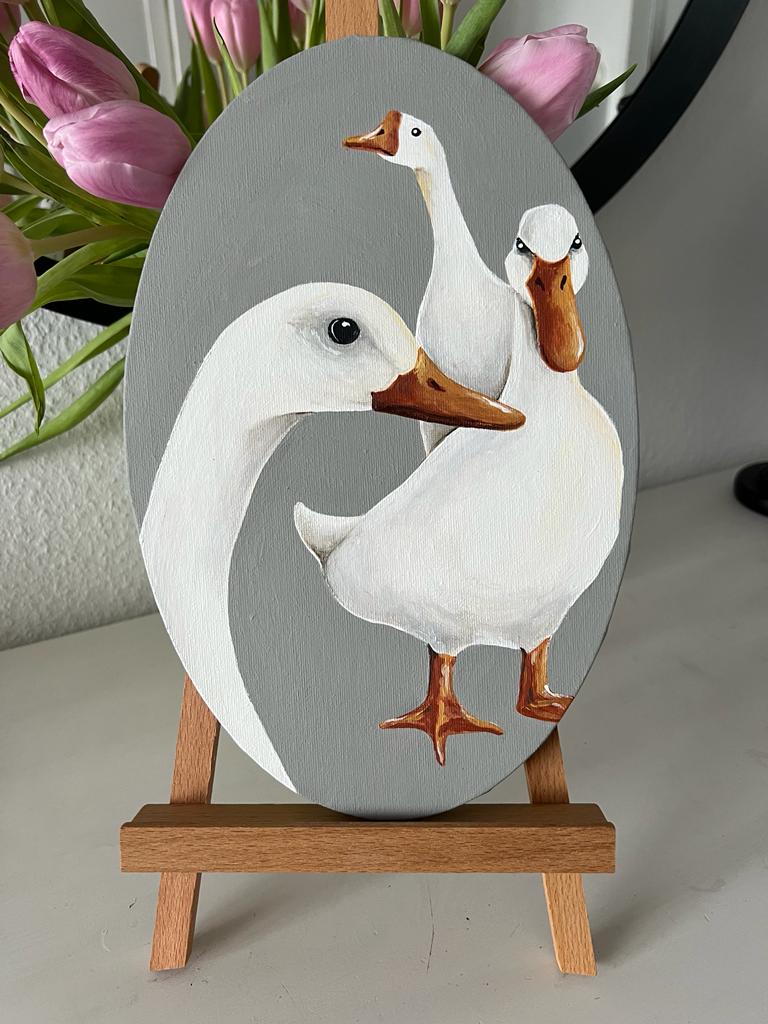 Three cheerful geese. Acrylic painting on canvas, oval, 20*30 cm, gift idea, wall decoration, home decor.