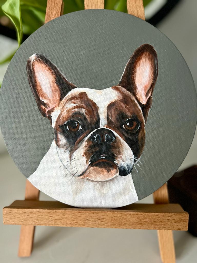 Girl. Dog. Acrylic painting on canvas, round, 20 cm, gift idea, wall decoration, country house decor.