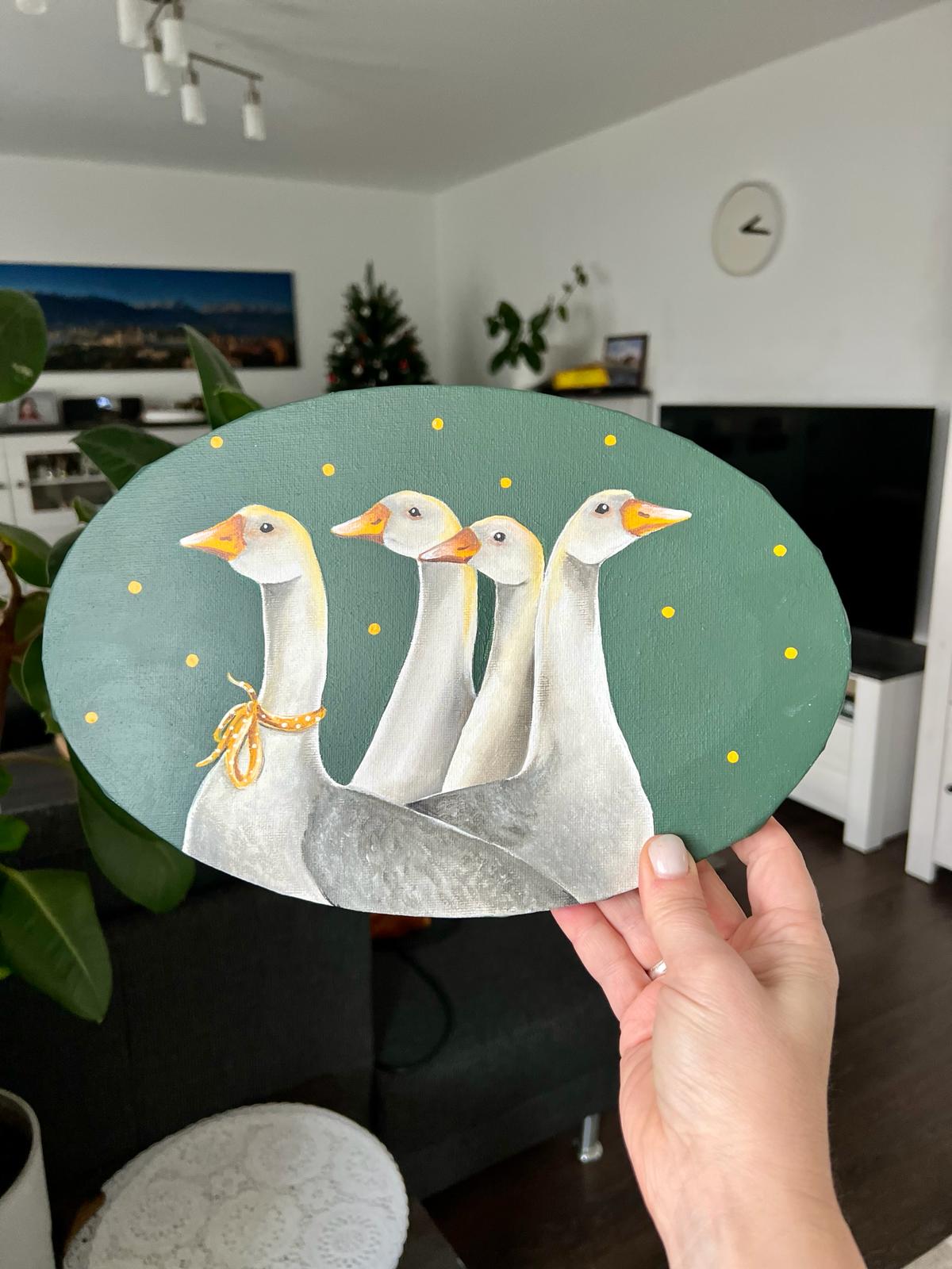 And we are going north. Geese, acrylic painting on canvas, oval 30*20 cm, gift idea, wall decoration, country house decor.