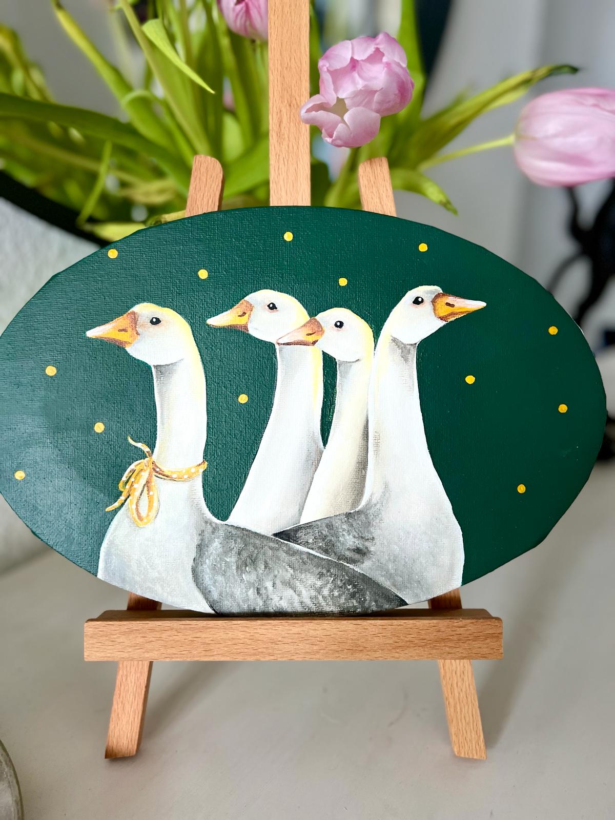 And we are going north. Geese, acrylic painting on canvas, oval 30*20 cm, gift idea, wall decoration, country house decor.