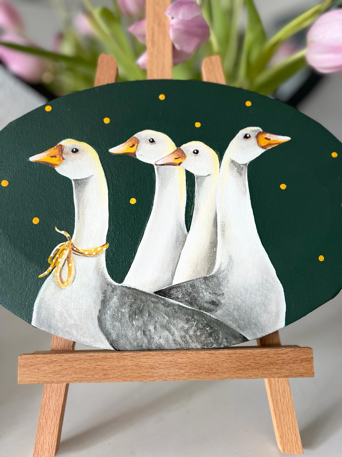 And we are going north. Geese, acrylic painting on canvas, oval 30*20 cm, gift idea, wall decoration, country house decor.