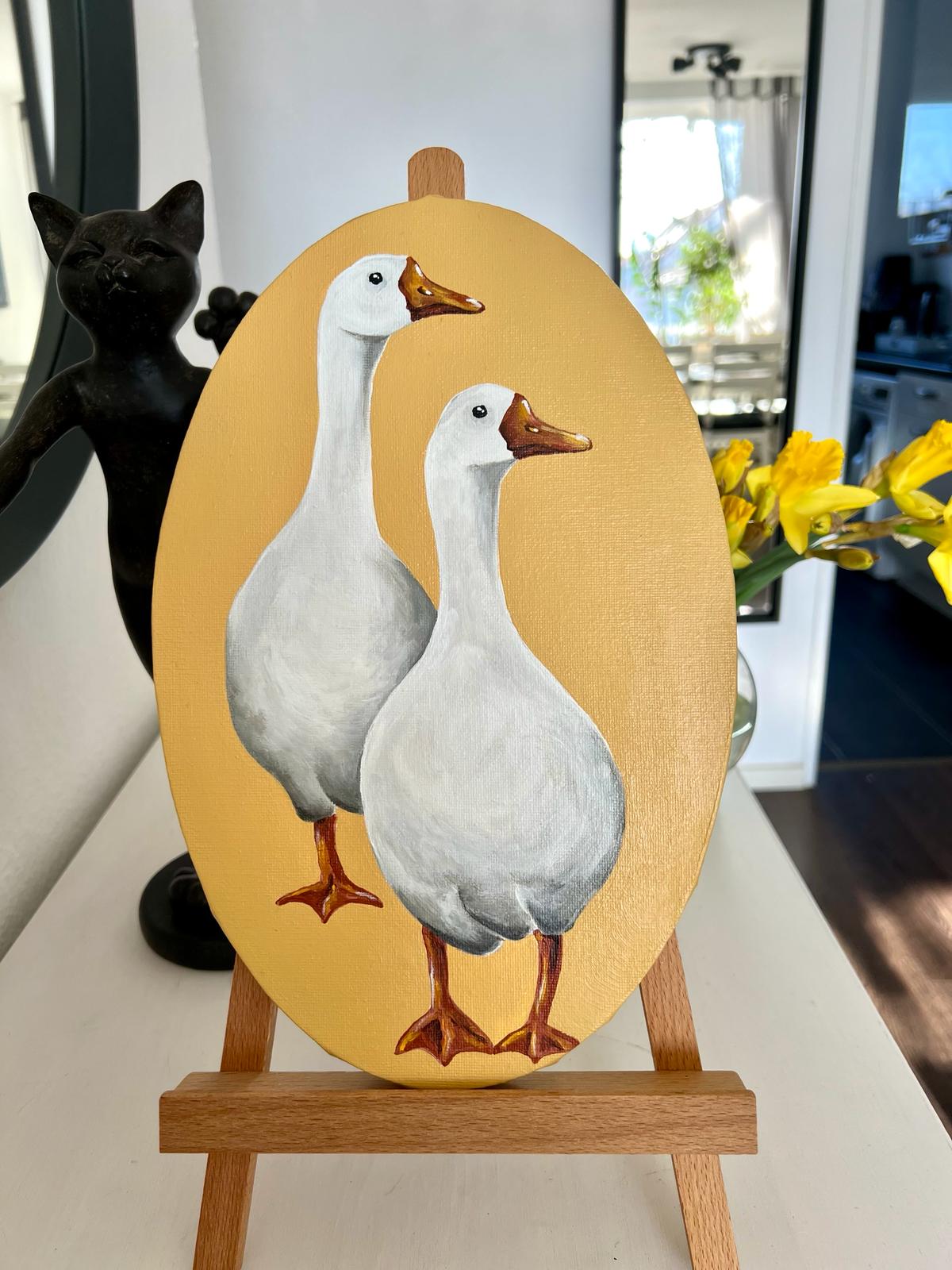 Two white geese on a yellow background. Acrylic painting on canvas, oval 20*30 cm, gift idea, wall decoration, country house decor.