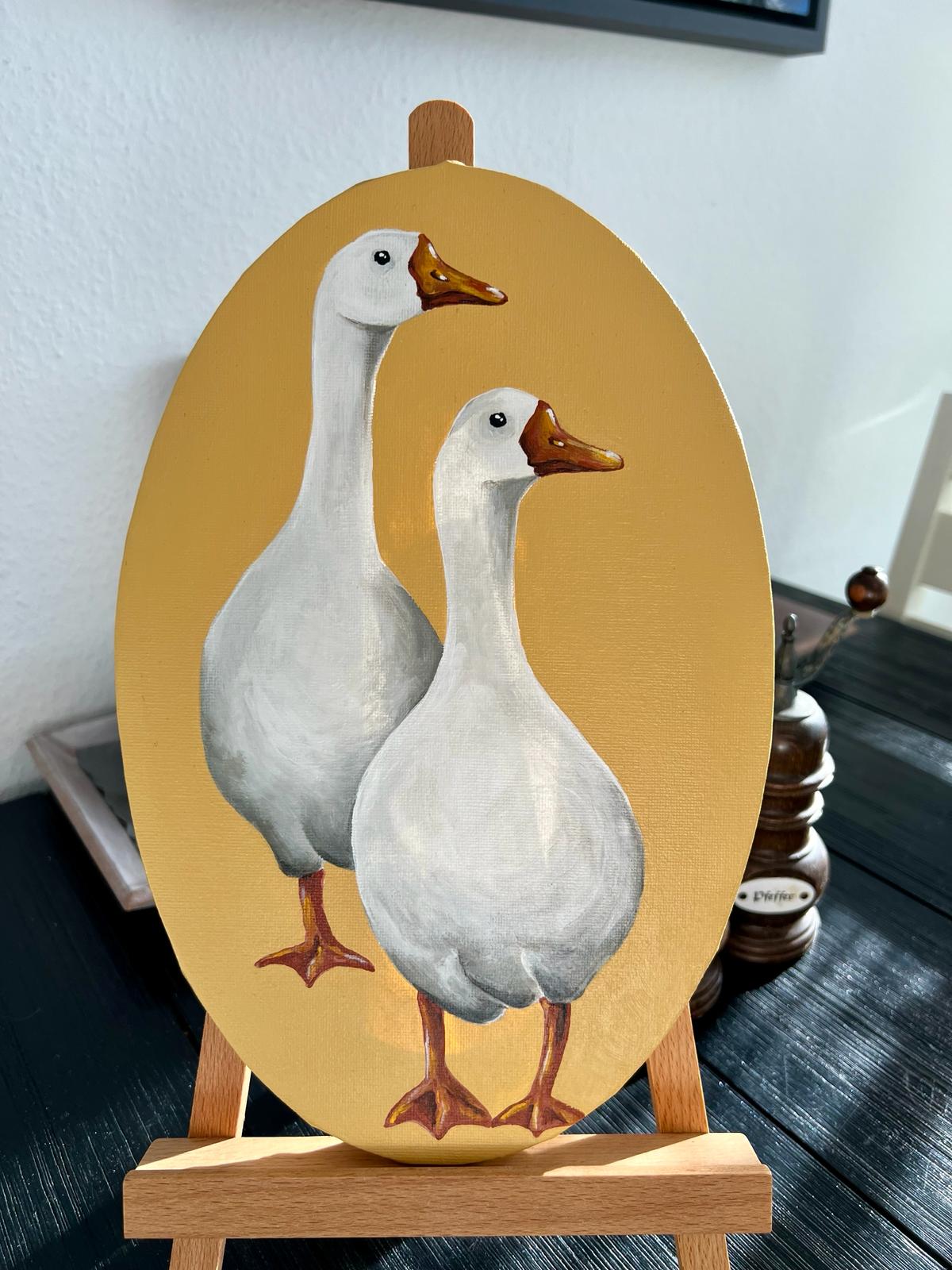 Two white geese on a yellow background. Acrylic painting on canvas, oval 20*30 cm, gift idea, wall decoration, country house decor.