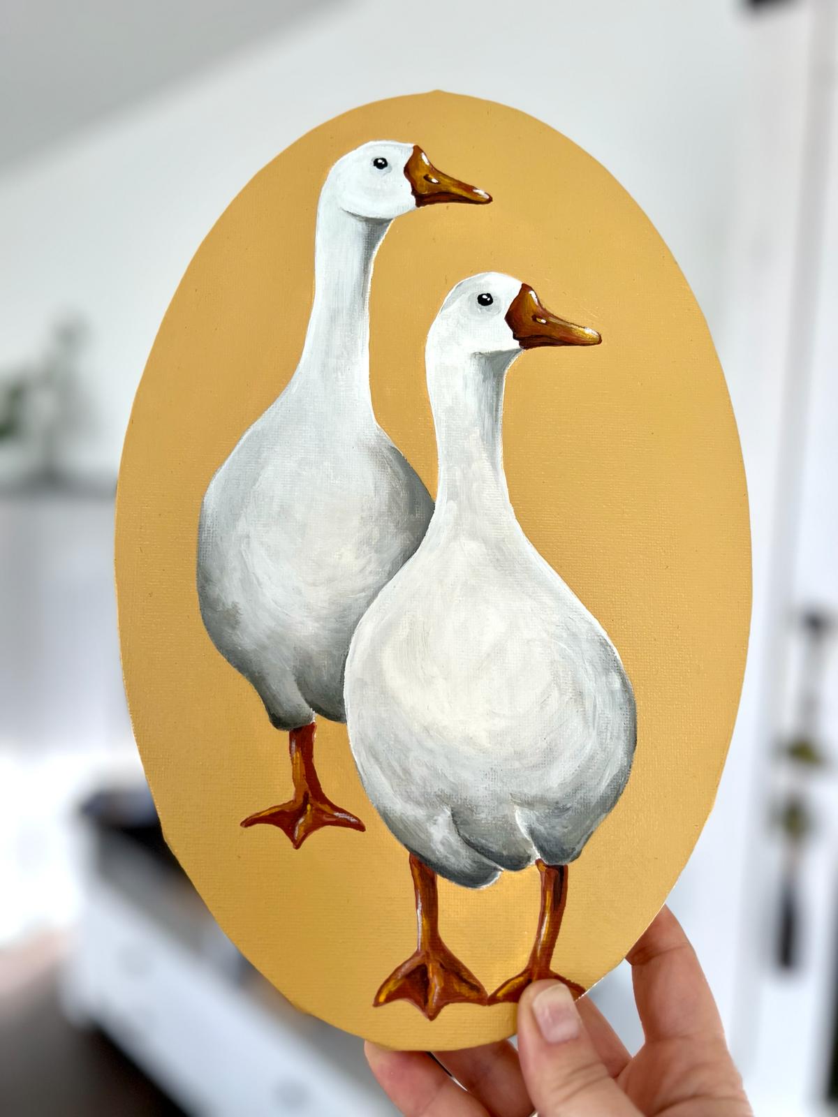 Two white geese on a yellow background. Acrylic painting on canvas, oval 20*30 cm, gift idea, wall decoration, country house decor.