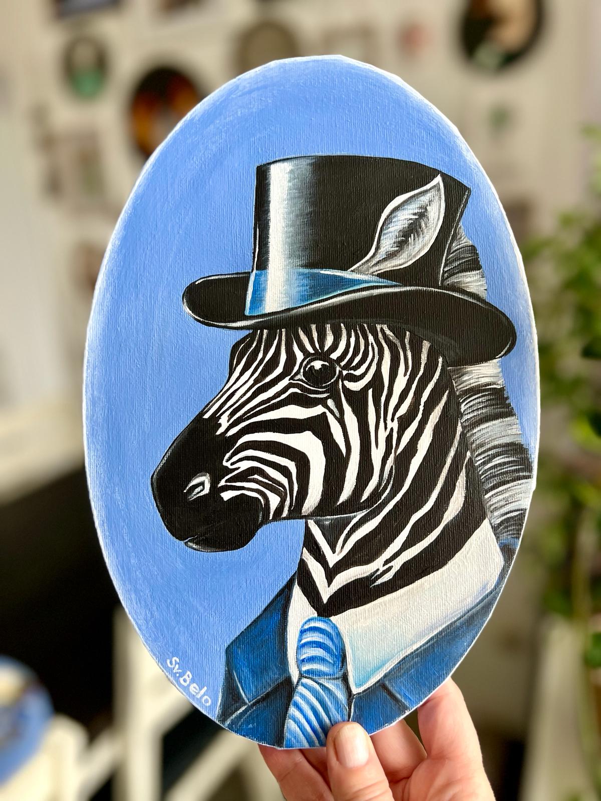 Zebra with hat on blue background Oval painting with acrylic on canvas. 20 x 30 cm Naive Art Rustic Country Style Country Style Decor Design Horse