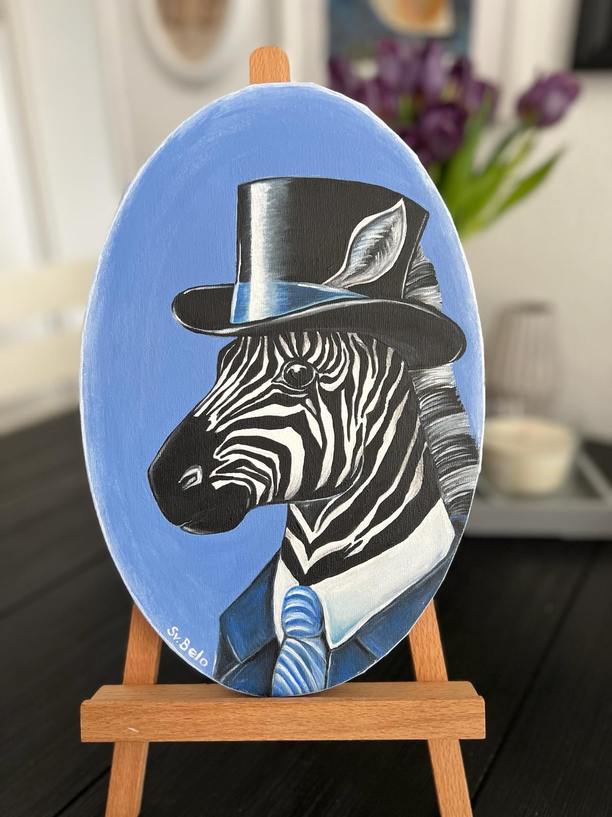 Zebra with hat on blue background Oval painting with acrylic on canvas. 20 x 30 cm Naive Art Rustic Country Style Country Style Decor Design Horse