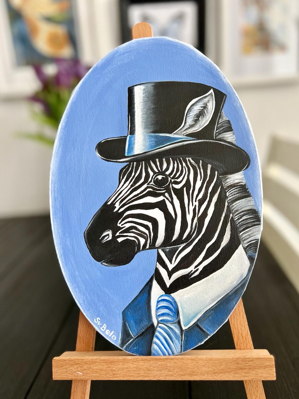 Zebra with hat on blue background Oval painting with acrylic on canvas. 20 x 30 cm Naive Art Rustic Country Style Country Style Decor Design Horse