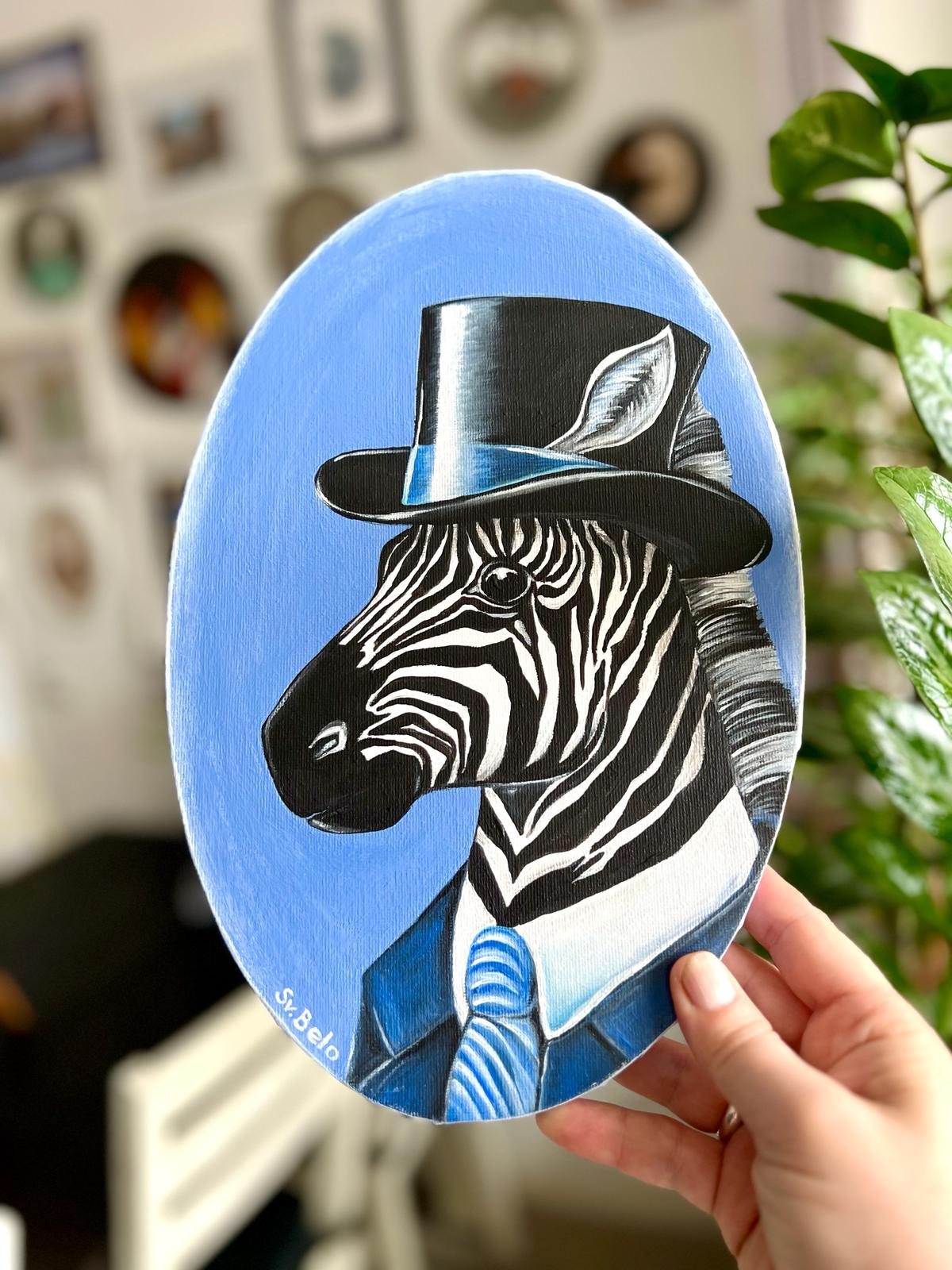 Zebra with hat on blue background Oval painting with acrylic on canvas. 20 x 30 cm Naive Art Rustic Country Style Country Style Decor Design Horse