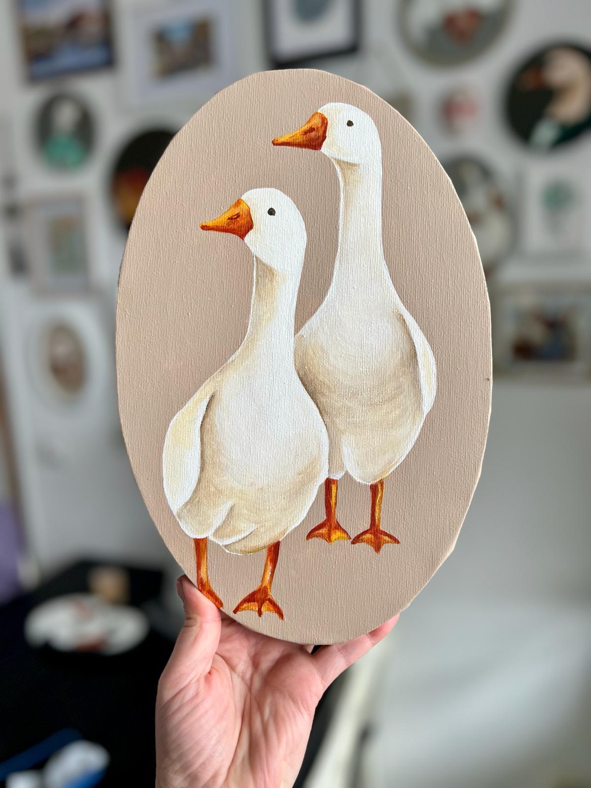 Two friends. Two geese. Acrylic painting on canvas, oval, 20*30 cm. Gift idea, wall decoration, country house decor, wall gallery.