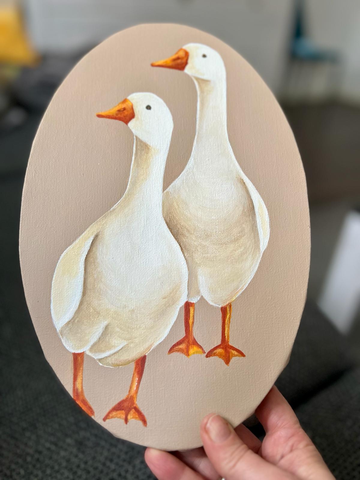 Two friends. Two geese. Acrylic painting on canvas, oval, 20*30 cm. Gift idea, wall decoration, country house decor, wall gallery.