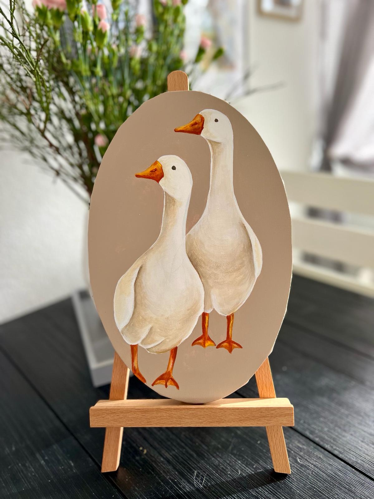 Two friends. Two geese. Acrylic painting on canvas, oval, 20*30 cm. Gift idea, wall decoration, country house decor, wall gallery.