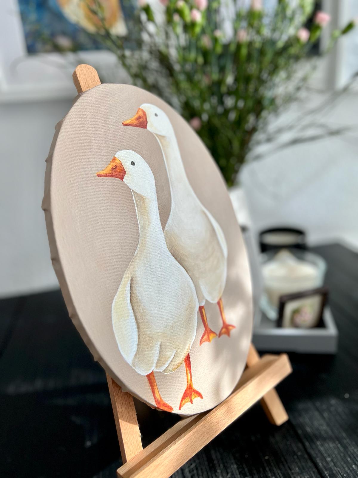 Two friends. Two geese. Acrylic painting on canvas, oval, 20*30 cm. Gift idea, wall decoration, country house decor, wall gallery.