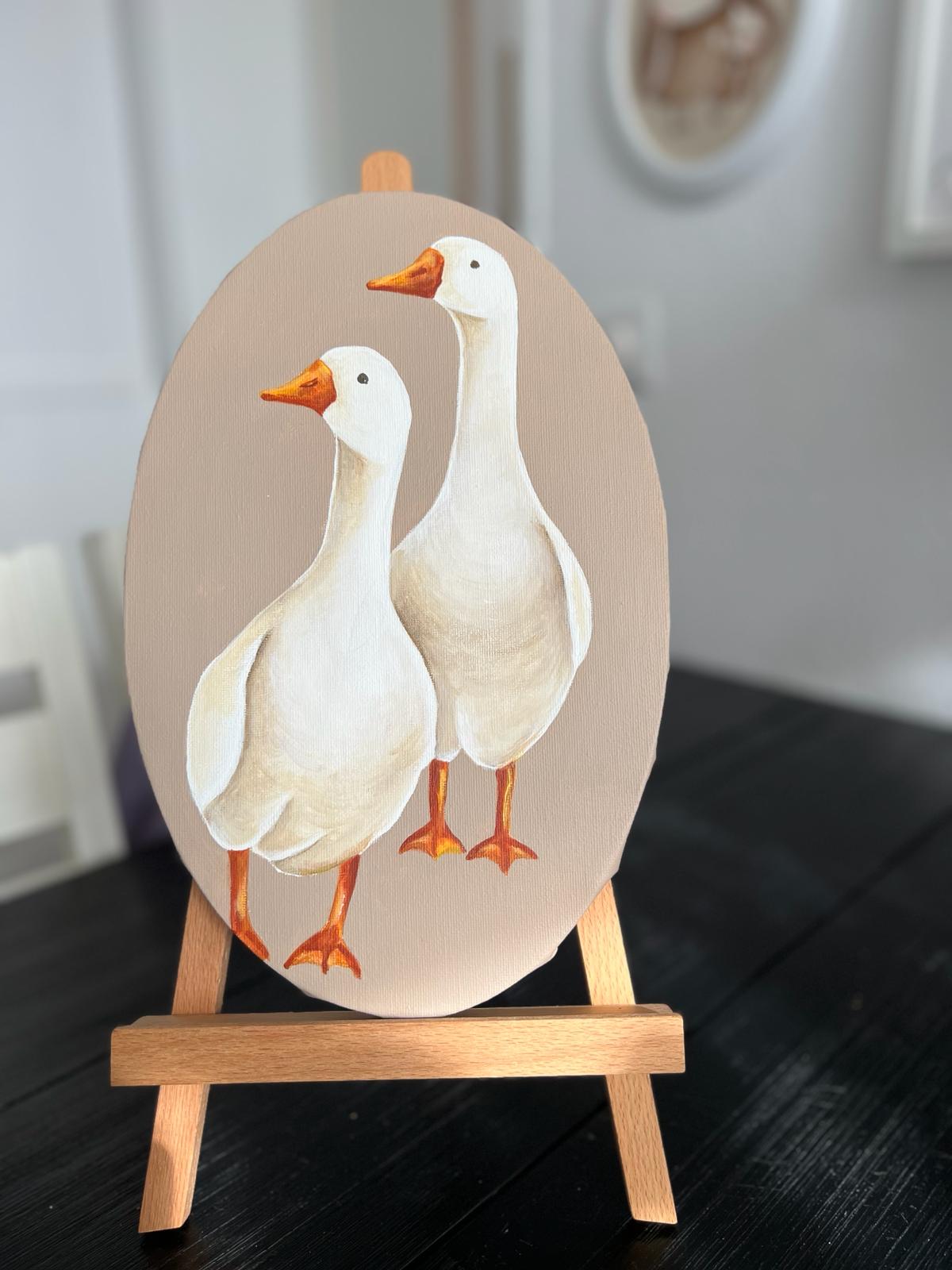 Two friends. Two geese. Acrylic painting on canvas, oval, 20*30 cm. Gift idea, wall decoration, country house decor, wall gallery.