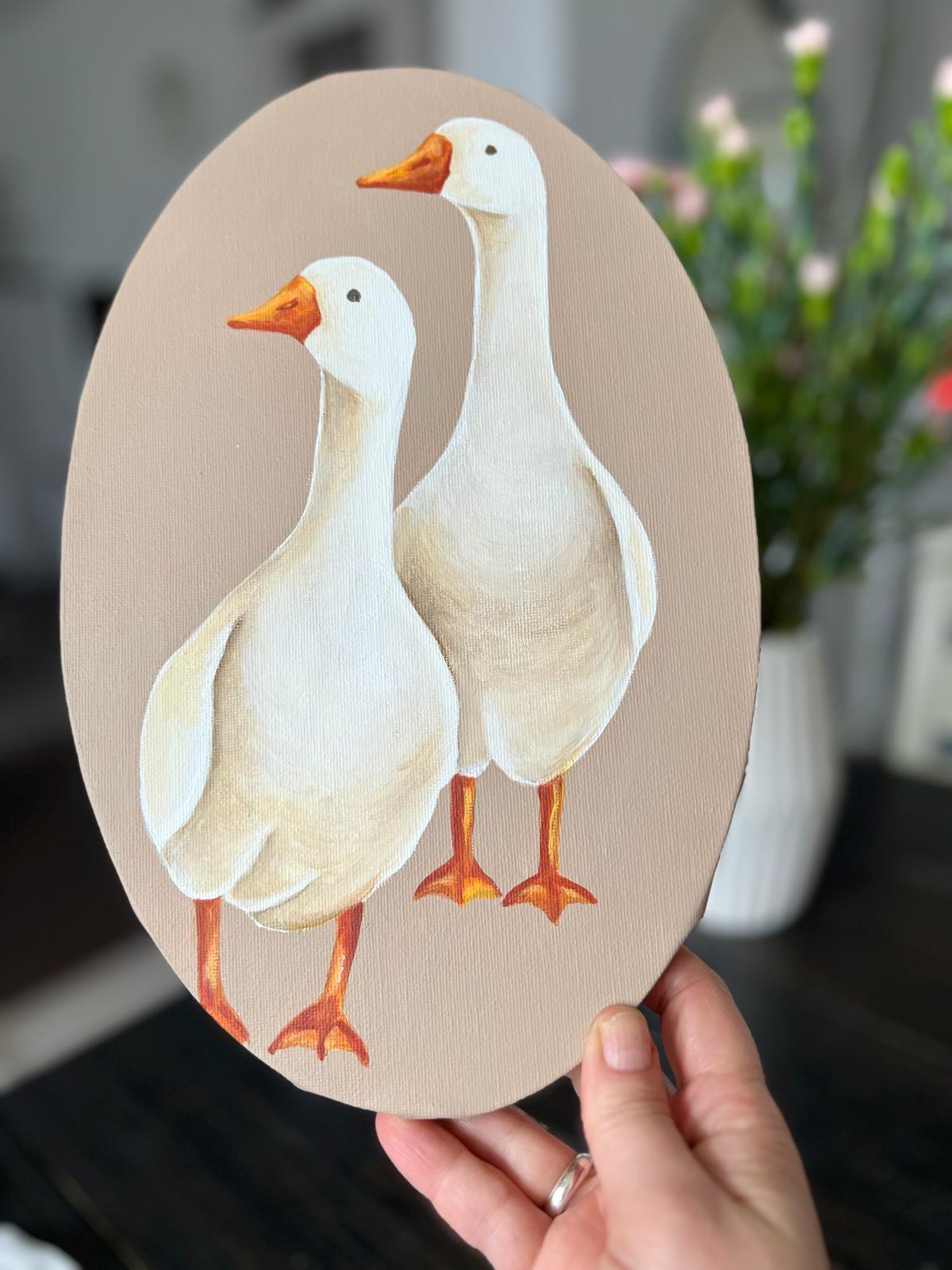 Two friends. Two geese. Acrylic painting on canvas, oval, 20*30 cm. Gift idea, wall decoration, country house decor, wall gallery.