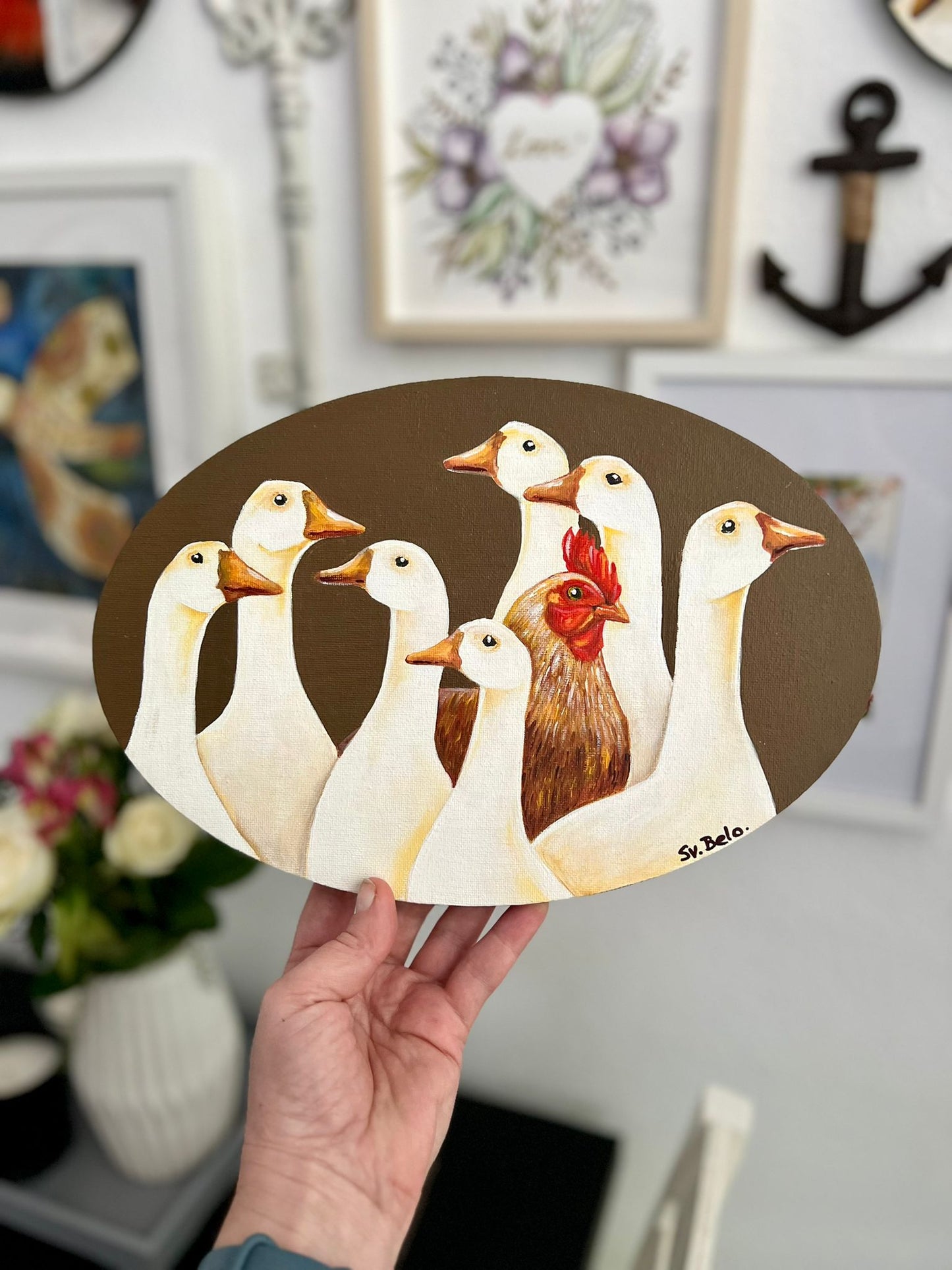 Geese and Rooster. Painting, acrylic canvas, oval, 30*20 cm, gift idea, wall decoration, home decor.