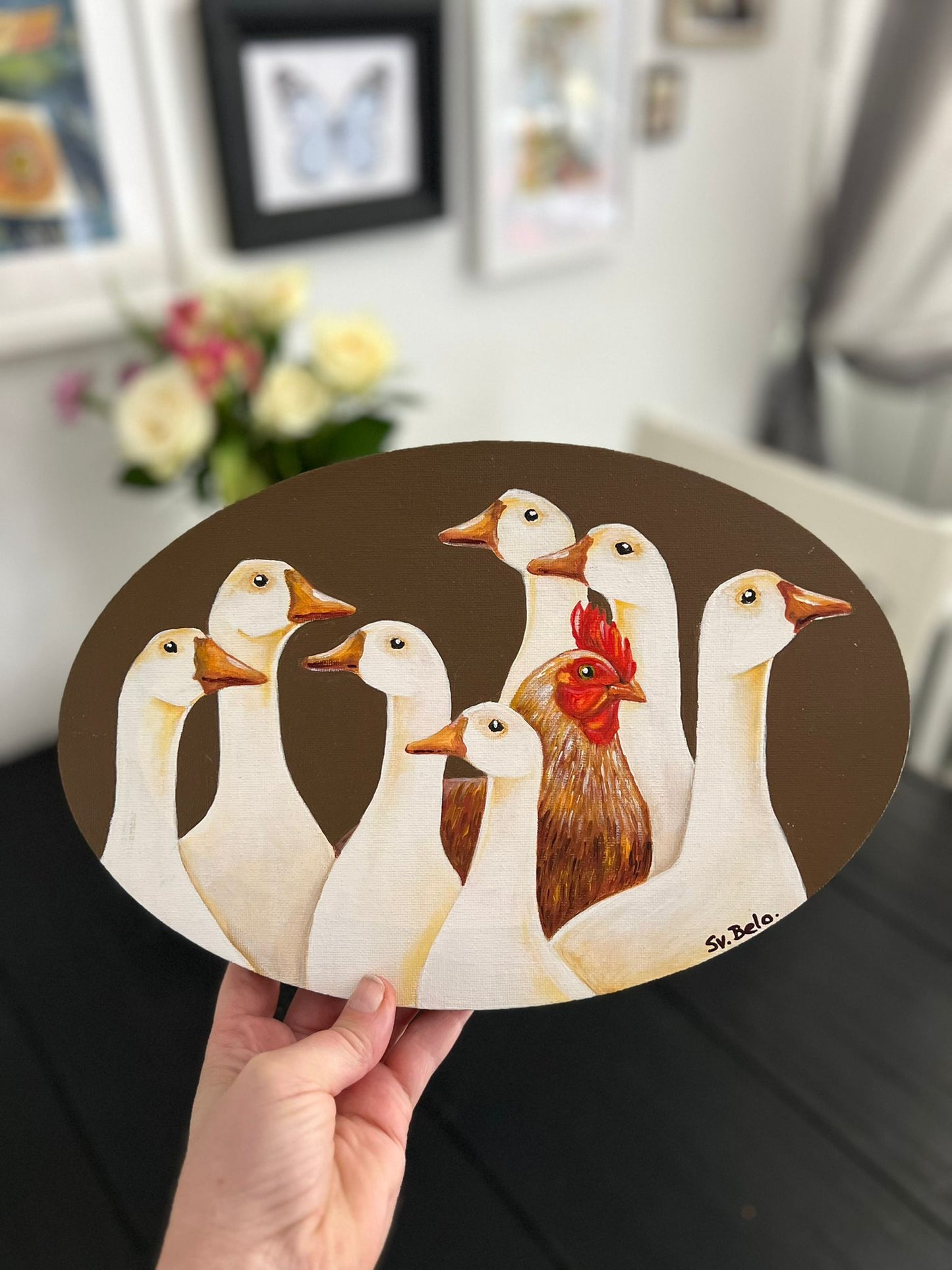 Geese and Rooster. Painting, acrylic canvas, oval, 30*20 cm, gift idea, wall decoration, home decor.