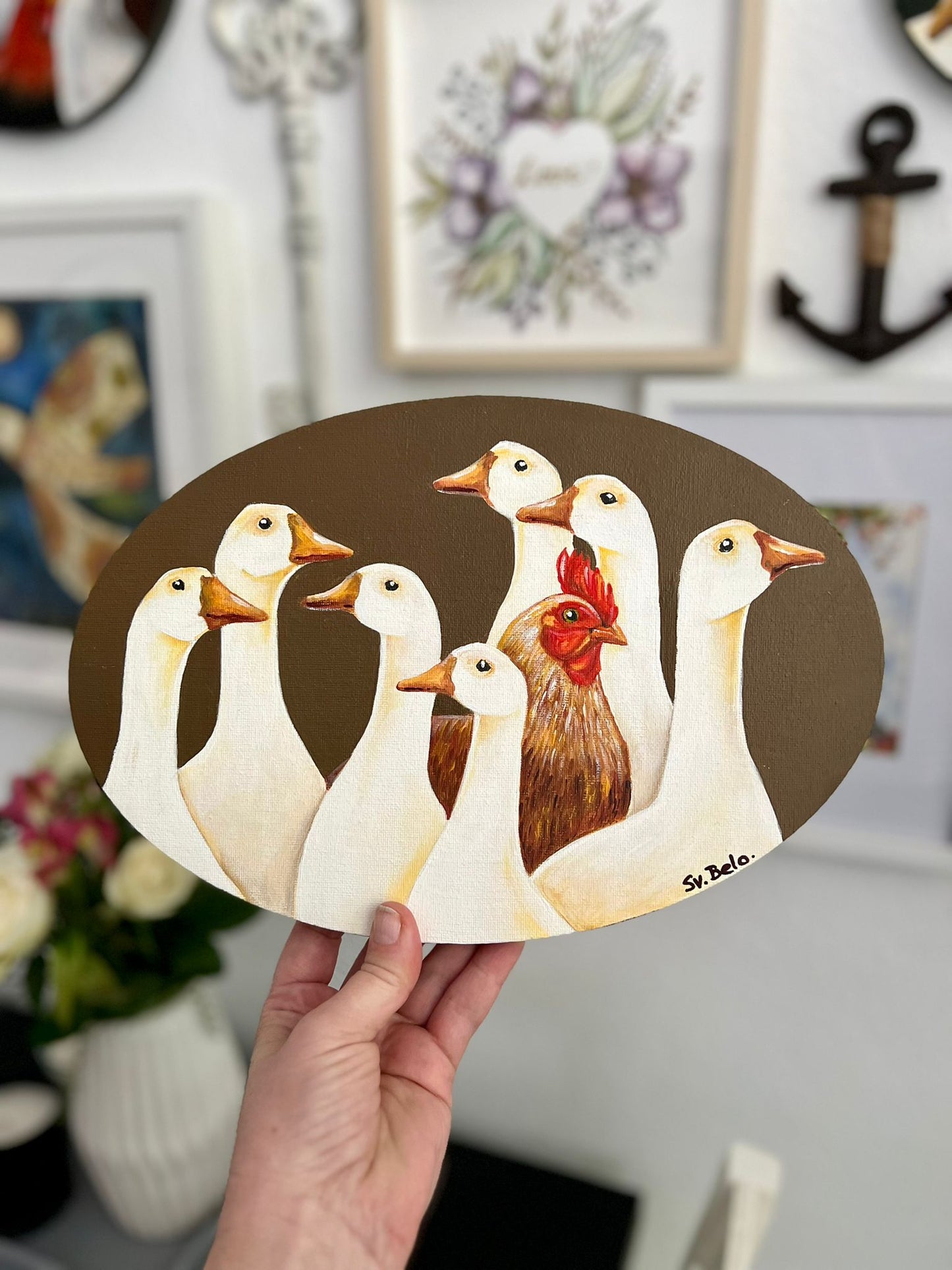 Geese and Rooster. Painting, acrylic canvas, oval, 30*20 cm, gift idea, wall decoration, home decor.